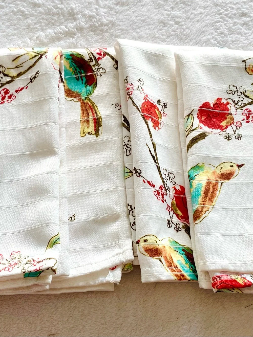 Vintage White Table Linens Napkins with birds set of four